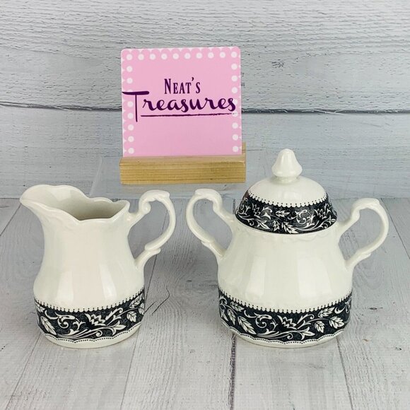 Vintage J & G Meakin RENAISSANCE Ironstone Black White Creamer Sugar Bowl Set